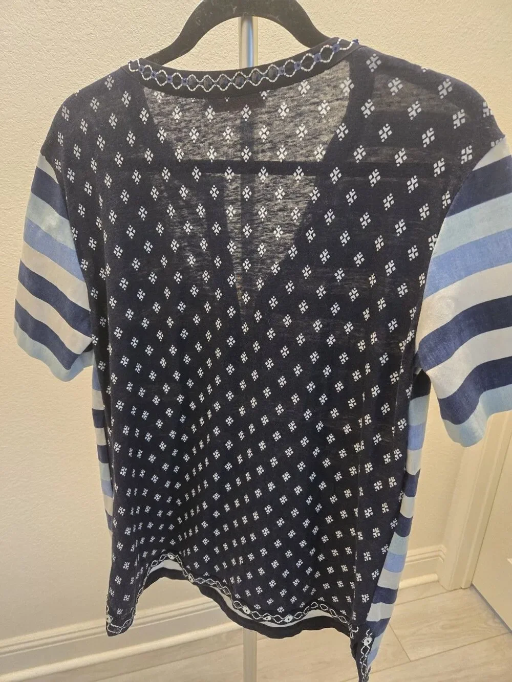 Tory Burch Navy and Light Blue Striped Embroidered Split-Neck Top